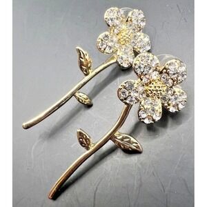 UNCAS Rhinestone Flower Earrings Gold‎ Tone NOS Dangle Studs 2" Long Vintage